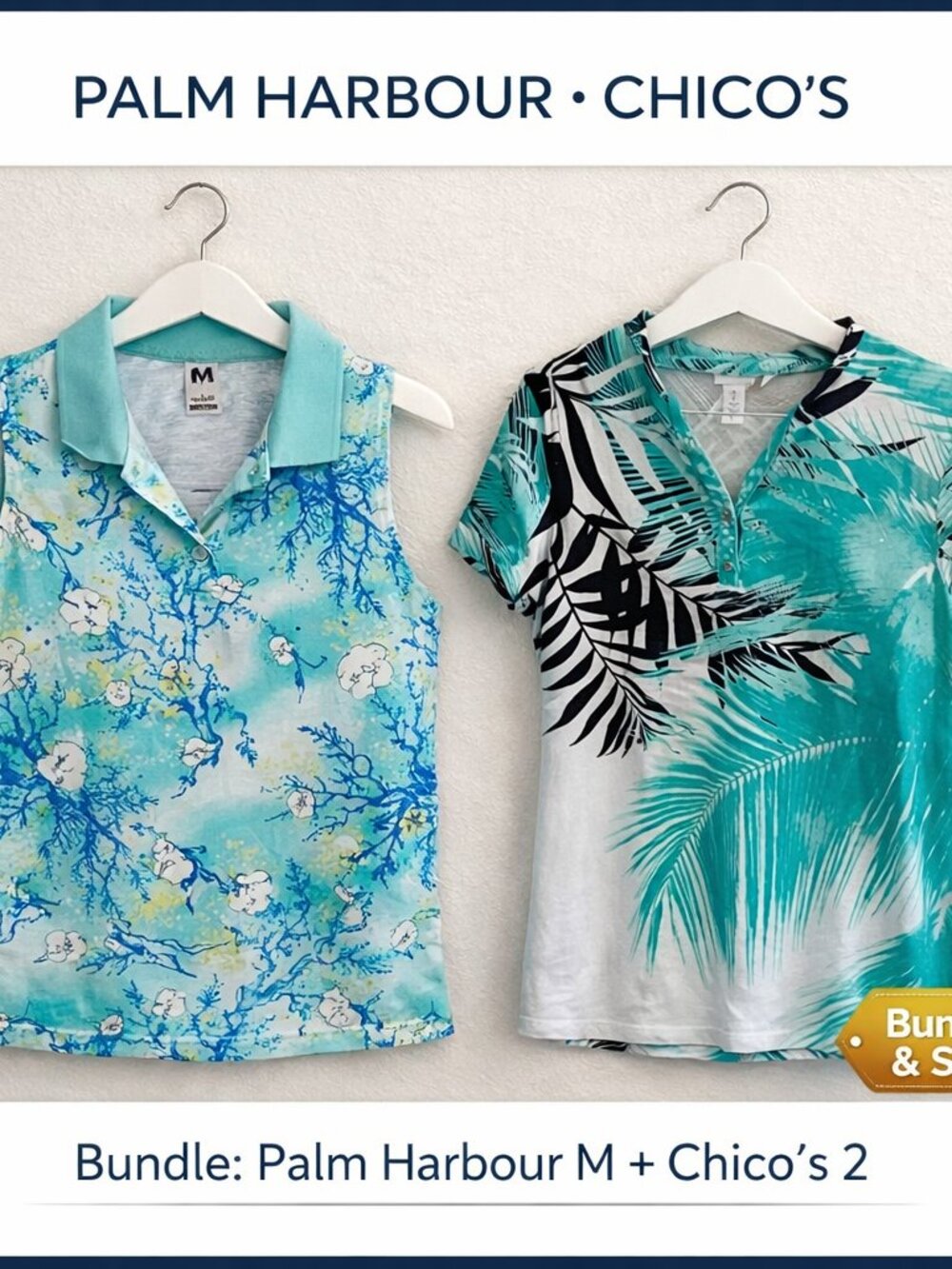 Palm Harbour Sea Life Top & Chico’s Tropical Leaf Top Bundle - Size Medium
